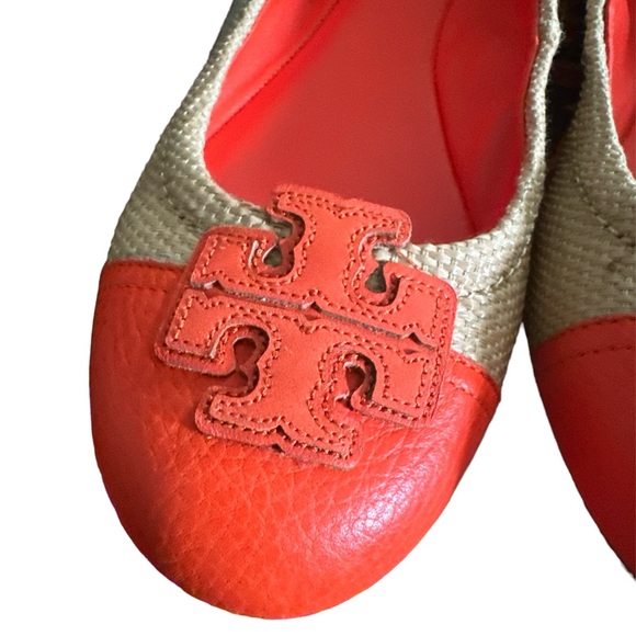 Pre owned Carita Ballet Straw and Leather Flats Size 7.5 in Fire Orange - Picture 3 of 4
